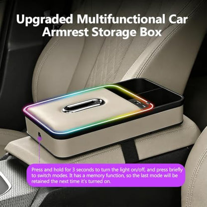 Car Armrest Storage Box with LED Ambient Light (Beige)