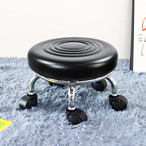 Roller Seat PU Leather Foot Stool Low Rolling Stool 360° Round Step Stool (Black)
