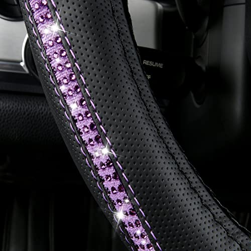 Bling Diamond Black Leather Steering Wheel Cover (Purple Diamond 1PCS)