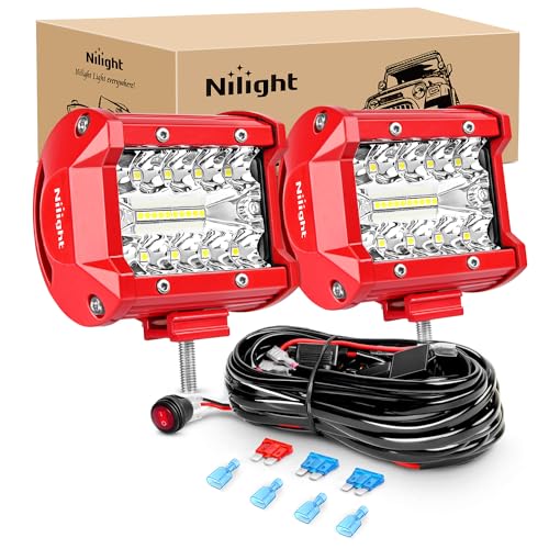 LED Light Bar 2PCS 60W 4Inch Triple Row Spot Flood Combo Lights w (White 2PCS with Red Shell and Wiring Kit / Led Pods)