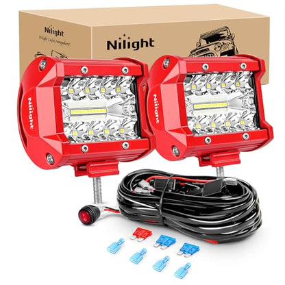 LED Light Bar 2PCS 60W 4Inch Triple Row Spot Flood Combo Lights w (White 2PCS with Red Shell and Wiring Kit / Led Pods)