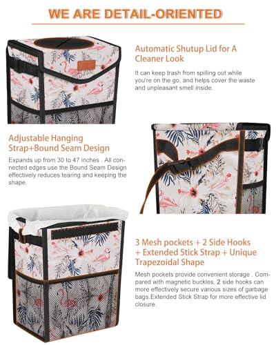 Car Trash Can with Lid Leakproof Car Garbage Bag Vehicle Trash Bin (2 Gallons / Flamingo Print)
