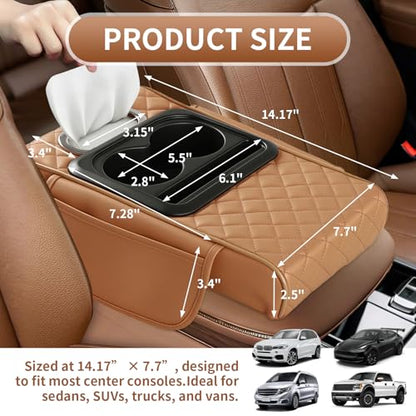 5-in-1 Car Armrest Cushion, Multifunctional PVC Leather Center Console Armrest Pillow Elbow, Universal Arm Box Pad Cover with Cup Holder, Phone Slot, Tissue Box Slot & 2 Storage Bags, Grey (Gray)