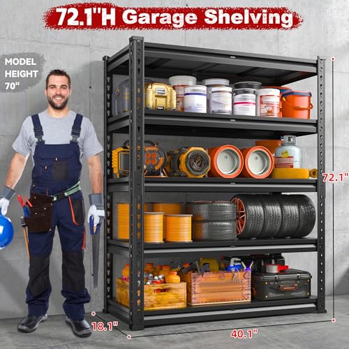 72.1" H Garage Shelving 2000LBS Storage Shelves Heavy Duty Metal Shelving 5 Tier Garage Storage Shelves for Commercial Warehouse Pantry Kitchen 72.1" H x 40.1" W x 18.1" D (40.1" W x 72.1" H x 18.1" D)