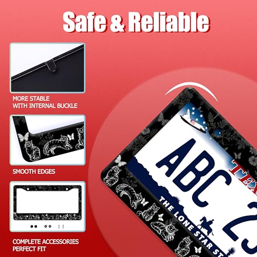 Black White Cats License Plate Frame Stainless Steel Cat License Holder (Cats Butterflies Floral)