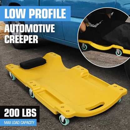 40" L X 19" W Vehicle Repair Low Profile Plastic Rolling Garage Shop Creeper with Padded Headrest (Yellow / 40 Inches)