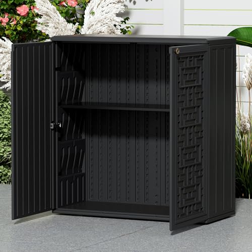 Indoor Outdoor Storage Cabinet Waterproof with Shelf (Black)