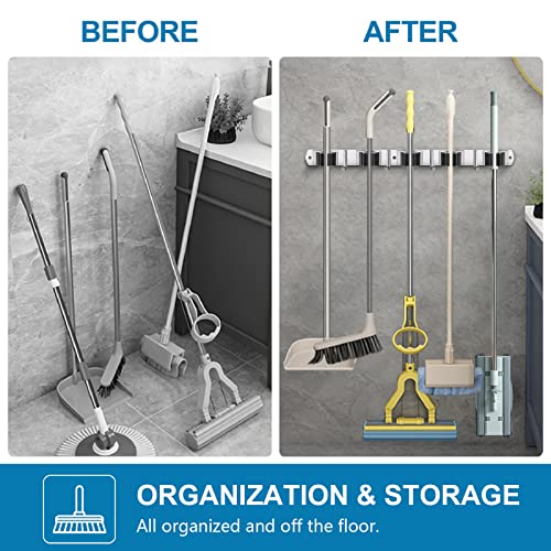 2 Pack Broom Holder Wall Mount Stainless Steel Mop Organizer (Stainless Steel - 5 Racks with 4 Hooks / 2 Pack)