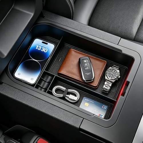 Center Console Organizer for 2024 2025 2026 Toyota Land Cruiser 250 Prado J250 LC250 Accessories Armrest Storage Box Secondary Insert Tray with Black & Red Silicone Mats (2024-2026 Toyota Land Cruiser)