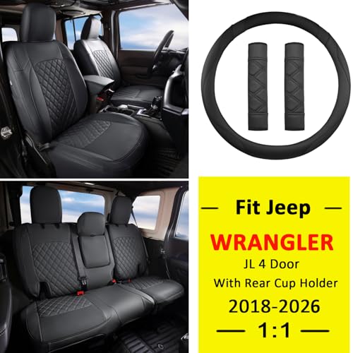 Wrangler JL Seat Covers Custom Fit for Jeep Wrangler (Black / 18-26 JL 4 Door With Rear Cup Holder Full Set)