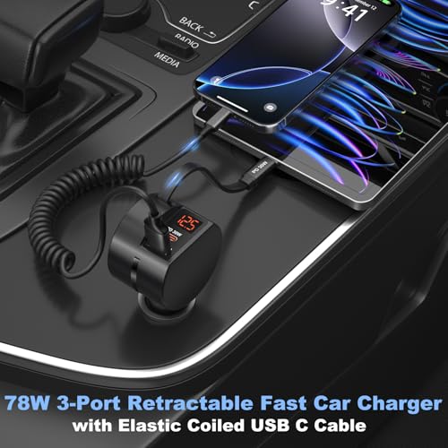78W 3 Port Car Charger with Retractable USB (Black - 2Pack)