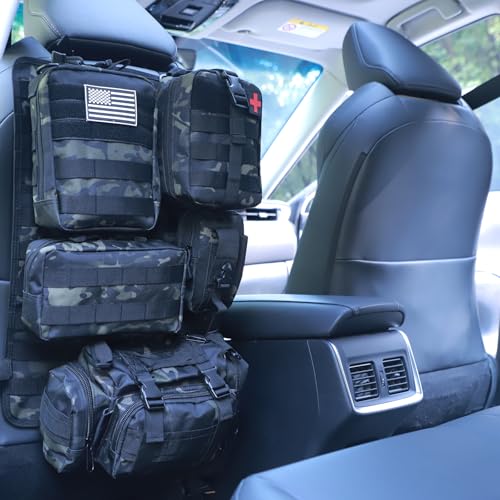 Universal Tactical Seat Back Organizer Vehicle Molle Panel Organizer Storage Bag with 5 Detachable Molle Pouch for All Vehicel Such as Jeep (A model-Black Camo)
