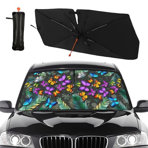 Tropical Butterfly Car Windshield Sunshade Umbrella Car Foldable Umbrella Sunshade for Front Window UV Reflector Auto Windshield Umbrella Sun Shades Cover for Most Vehicles 57'' X 30'' (57'' X 30'' / style-AB25)