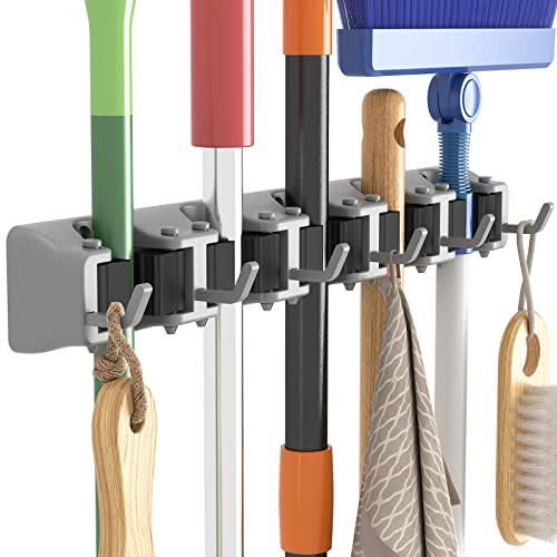 Mop and Broom Holder Organizer Wall Hanging Mount (Gray)