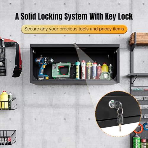 Small Wall Mounted Locking Cabinet Metal Garage Storage Cabinet Hanging Medicine Lockable Steel Utility Floating Tool 14" H Assembly Required Black (Black / 14" Tall)