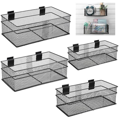 4 Pcs Slatwall Basket Set Ventilated Metal Slatwall Basket Hanging Wire Bins Wall Mounted Accessories for Panel Garage Storage Display Organizing (XX-Large / Black)