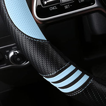 Car Steering Wheel Covers for Women Padded Carbon Fiber PU Leather Cute Auto Interior Accessories for Vehicle (Blue+Black / Standard Size[14.75-15.15"](37.5-38.5cm))