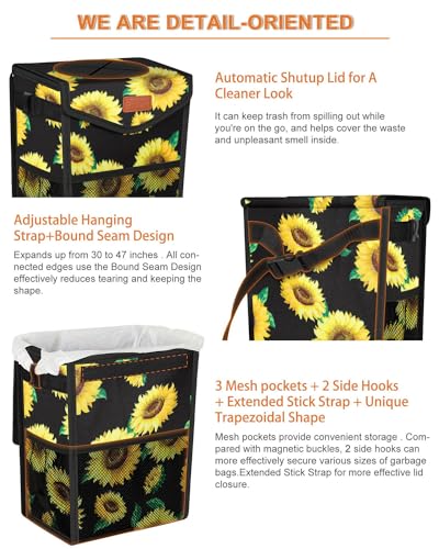 Car Trash Can with Lid Leakproof Car Garbage Bag Vehicle Trash Bin (2.8 Gallons / Sunflower)