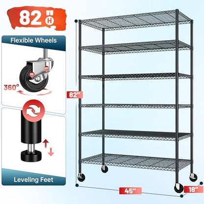 Heavy Duty 6 Tier Rolling Storage Shelves with Wheels for Garage (82"H X 45"W X 18"D-Black)