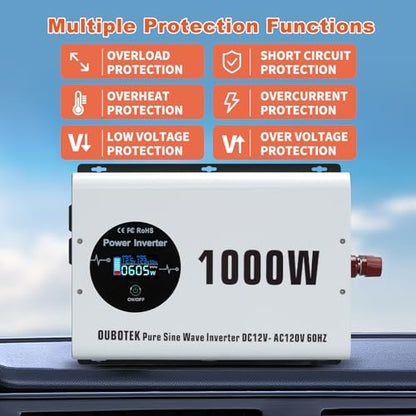 1000W Power Inverter Pure Sine Wave 12V DC to 120V AC (1000W-Wireless / 12V)