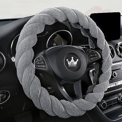Luxury Fluffy Winter Car Steering Wheel Cover for Women Soft Warm Plush Cute Auto Accessories for Vehicle (Gray / Standard Size [14.75-15.15"] (37.5-38.5cm))