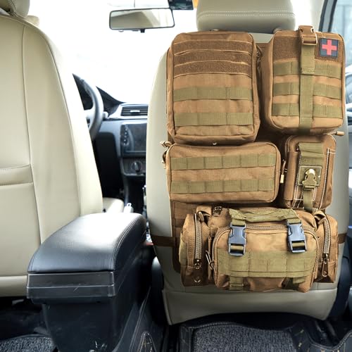 Universal Tactical Seat Back Organizer Vehicle Molle Panel Organizer Storage Bag with 5 Detachable Molle Pouch for All Vehicel Such as Jeep (A model-Khaki)