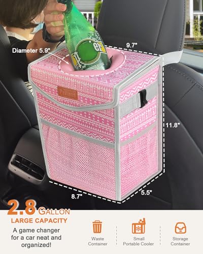 Car Trash Can with Lid Leakproof Car Garbage Bag Vehicle Trash Bin (2.8 Gallons / Pink Print)