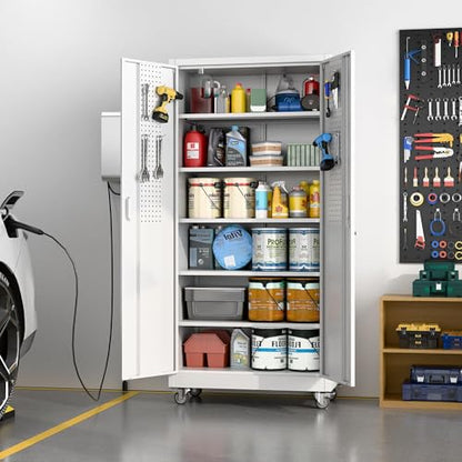 71" White Metal Storage Cabinet with Wheels (White / 16"D x 32"W x 71"H)