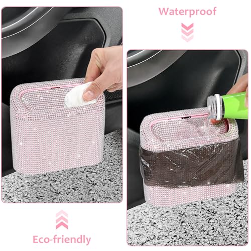 Bling Car Trash Can with Lid (Light Pink/White Rhinestone)