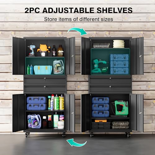 Metal Storage Cabinet with Wheels and Drawers (73"H x 31.5"W x 16"D-B / Black)