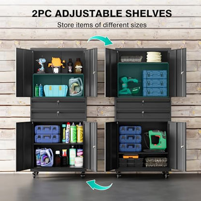 Metal Storage Cabinet with Wheels and Drawers (73"H x 31.5"W x 16"D-B / Black)