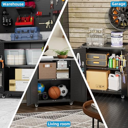 Storage Cabinet with Wheels and Pegboard (Black / 14"D x 26"W x 31.5"H)