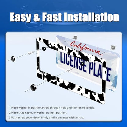 Black White Cows Texture License Plate Frame Animal Cowhide Print License Plate Stainless Steel Funny License Plate Holder Accessories Car Decoration with Screws Fits Standard Vehicles Size12.3 x6.3 (Black White Cowhide Print)