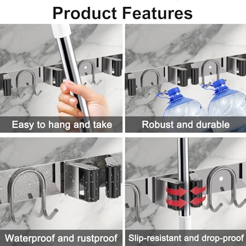Mop Broom Holder Wall Mount (Silver-2 Pack)