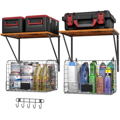 2 Pack Garage Shelves Wall Mounted with Wire Storage Baskets