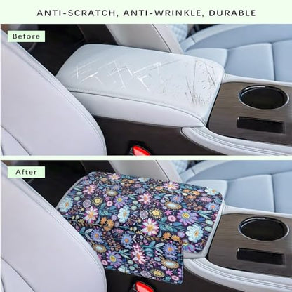 Hippie Flower Lotus Car Center Console Cushion Cover Universal Armrest Box Mat Scratch Resistant Wear (Hippie Flower Lotus Blue Violet)