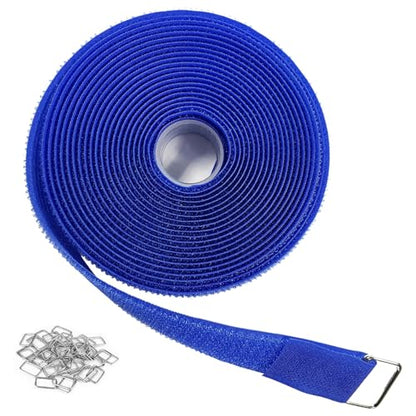 1"x16ft Hook and Loop Straps with 25 Metal Buckles (1in x 16ft Blue)