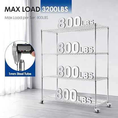 Heavy Duty Rolling Wire Shelving Unit with Wheels (Silver / 60"x 24"x72" - 4-Tier)