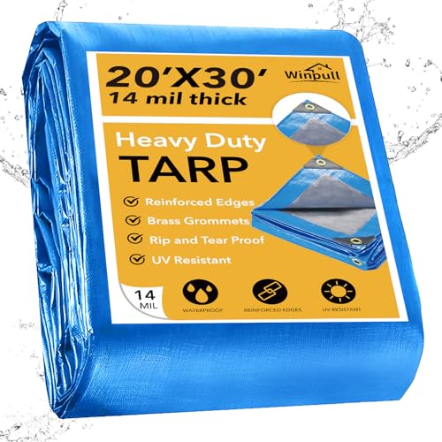 Heavy Duty Tarp 14 Mil Tarp Waterproof Blue 20x30 FT (Blue/Silver-14mil / 20'x30')