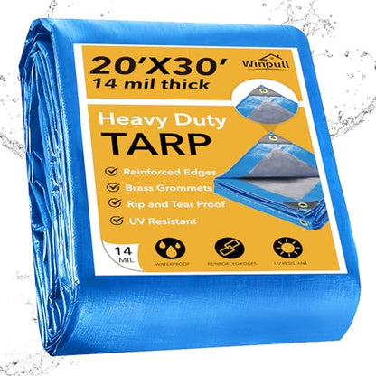 Heavy Duty Tarp 14 Mil Tarp Waterproof Blue 20x30 FT (Blue/Silver-14mil / 20'x30')
