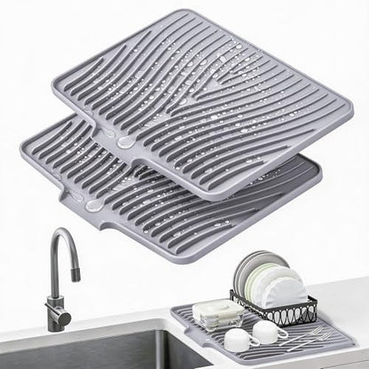 Silicone Dish Drying Mat for Kitchen Counter (Grey-2pcs / 16" x 12")