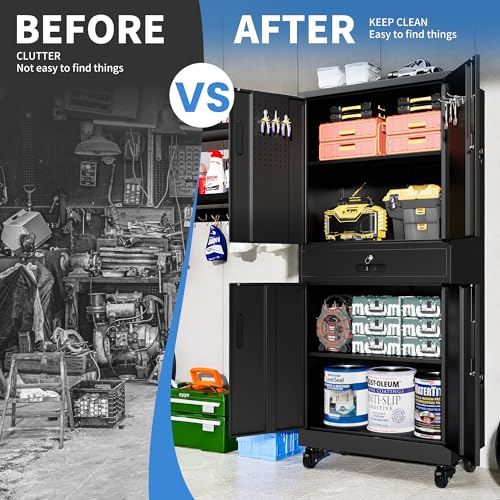 Metal Storage Cabinet for Garage (Black / L - 4 Doors & 1 Drawers (Wheeled))