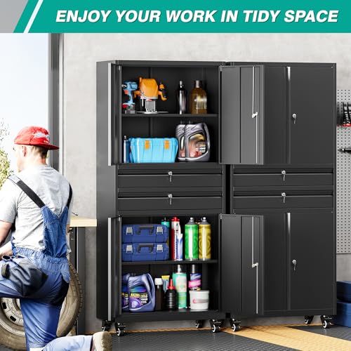 Metal Storage Cabinet with Wheels and Drawers (73"H x 31.5"W x 16"D-B / Black)