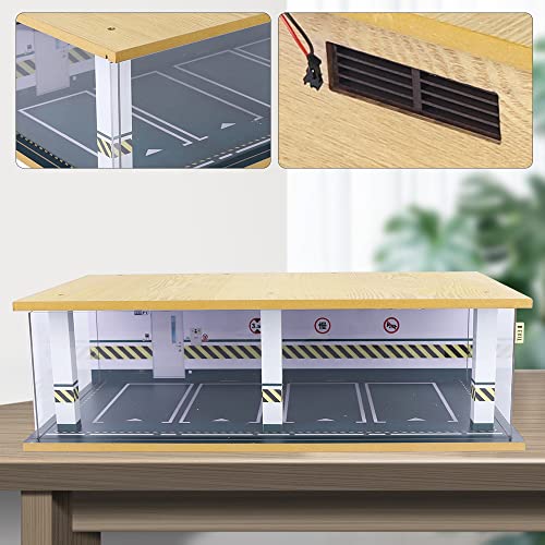 1 24 Parking Garage Model Car Garage Display Case with Clear Acrylic Cover and LED Lighting Toy Car Storage Tabletop Showcase for Boy Kids Home Toy Stores (4 Parking Space)