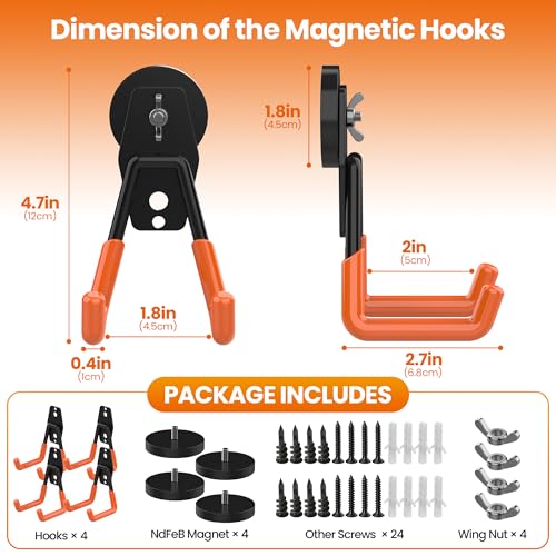 4 Pack Large Heavy Duty Magnetic Hook Extra Strong Magnetic Garage Hooks Big NdFeB Industrial Magnet Hooks Magnetic Utility Storage Holder Organization with Anti (1.6" Magnet-4 Pack-Orange)