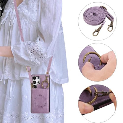Compatible with Samsung Galaxy S24 Ultra 5G Wallet Case and Screen Protector Crossbody Shoulder Strap Stand Card Holder Magnetic Car Mount Cell Phone Cover for S24Ultra S 24 24Ultra Women Men Purple (Purple / for S24 Ultra)