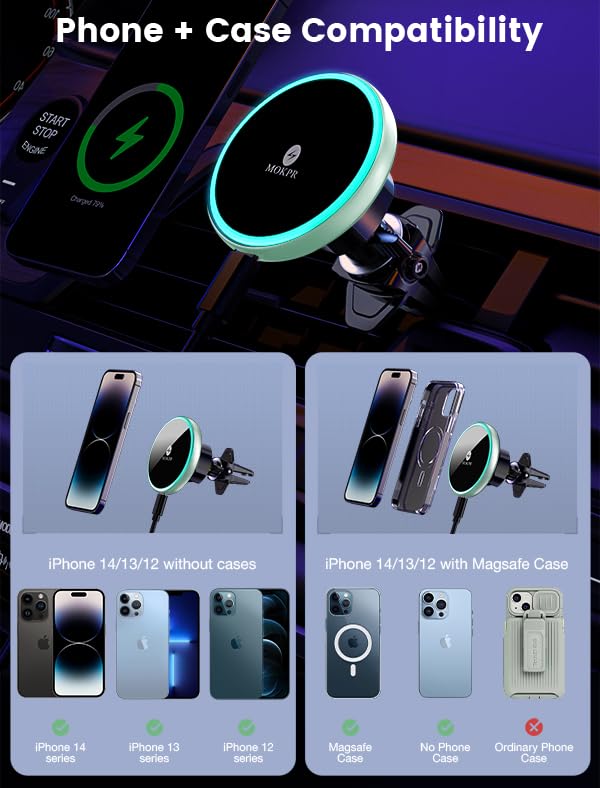 for Magsafe Car Mount Charger 15W LED RGB Car Phone Holder for Dash Vent (Mint Green)