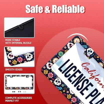 Sugar Skull Flowers Stainless Steel License Plate Frame for US Cars Decor (Sugar skull)