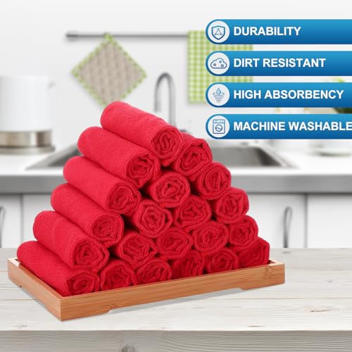 100 Pack 12'' x 12'' Microfiber Cleaning Cloths Reusable Cleaning Rags Bulk Microfiber Towels Softer Highly Absorbent Washcloths for House Kitchen Car Window (Red)