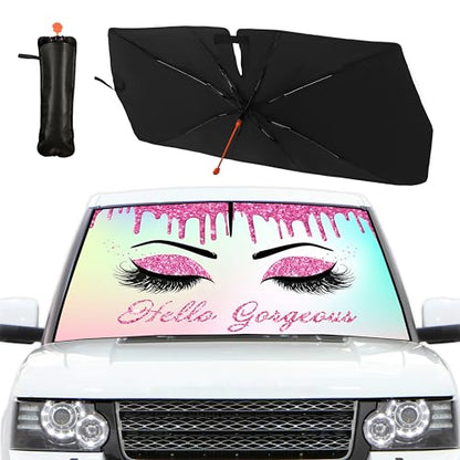 Gorgeous Eyelash Car Windshield Sunshade Umbrella Hello Girl Foldable Sunshade for Car Front Window Shades Sun Visor Protector Auto Windshield Cover Cars Trucks & Suvs 57"x30" (colorful-funny)
